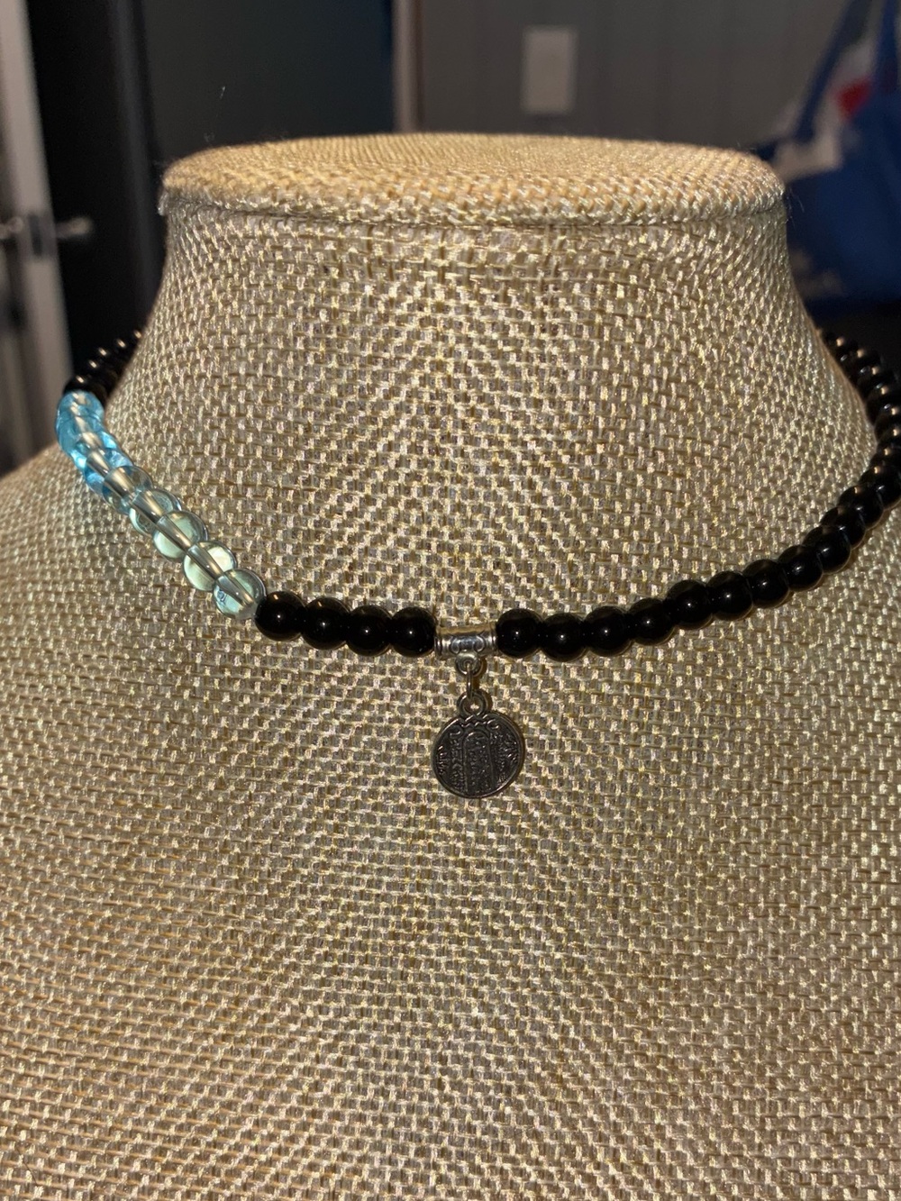 Black and Iridescent Beaded Choker Necklace with Silver Coin Charm